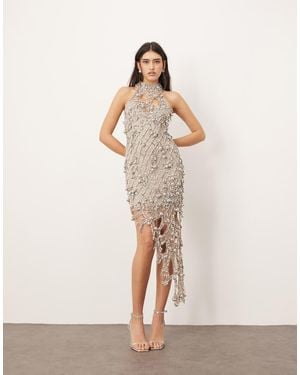ARRANGE Embellished Halterneck Metal Look Asymmetric Midi Dress - Natural