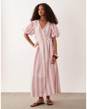 Y.A.S Puff Sleeve Wrap Front Full Skirted Midi Dress - Pink