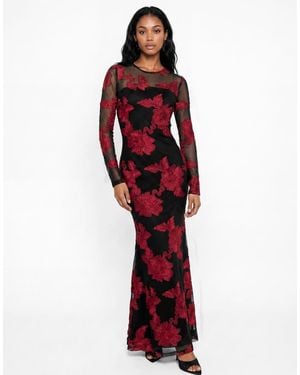 Maya Floral Ribbon Applique Long Sleeve Mesh Maxi Dress - Red
