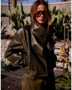 Bershka Leather Effect Lapel Jacket - Brown