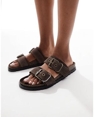 Stradivarius Double Strap Flat Leather Sandal - Brown