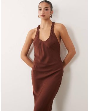ASOS Scoop Neck Satin Maxi Dress With Tie Back - Brown