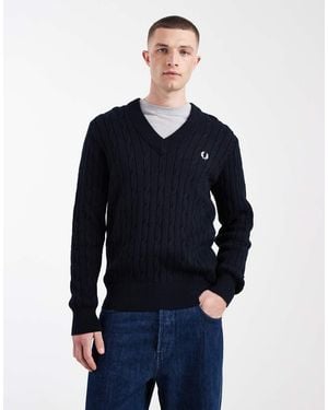Fred Perry Cable Knit V-neck Logo Jumper - Blue