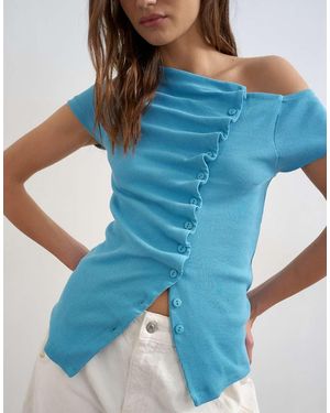 TOPSHOP Bardot Button Through Top - Blue