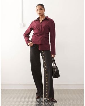 Lioness Penny Asymmetric Button Detail Wide Leg Jeans - Red