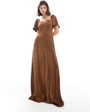 Maids To Measure Bridesmaid Square Neck Flutter Sleeve Maxi Dress - Brown