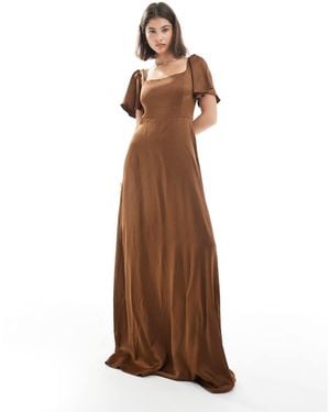Maids To Measure Bridesmaid Square Neck Flutter Sleeve Maxi Dress - Brown
