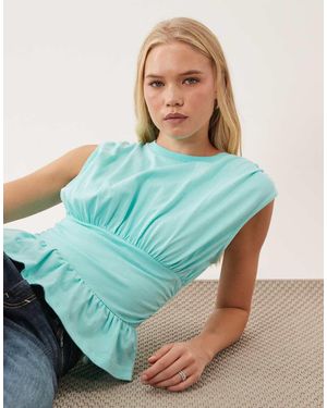 Miss Selfridge Gathered Shoulder Peplum Hem Top With Waistband - Blue