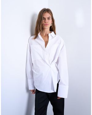 TOPSHOP Asymmetric Placket Waisted Long Sleeve Cinched Shirt - White