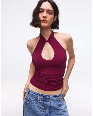 Bershka Halter Top With Qipao Neckline - Purple