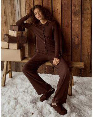 4th & Reckless Cotton Blend Cable Detail Collared Button Through Top Co-ord - Brown