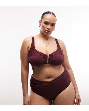 ASOS Asos Design Curve Rory Spliced Rib High Waist Wrap Front Bikini Bottom - Red