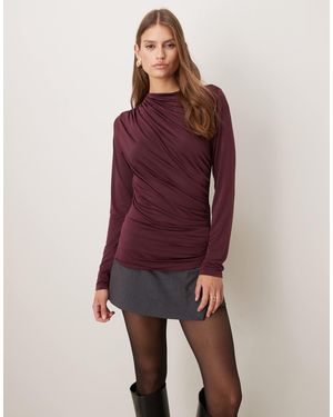 Vila Long Sleeve High Neck Ruched Top - Purple