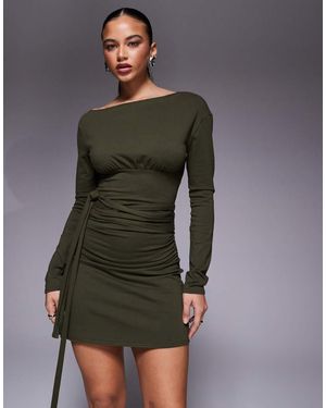 Fashionkilla Exclusive Cotton Rich Off Shoulder Long Sleeve Wrap Waist Detail Mini Dress - Grey