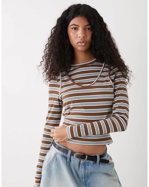 Collusion Long Sleeve Double Layer Striped Top - Gray