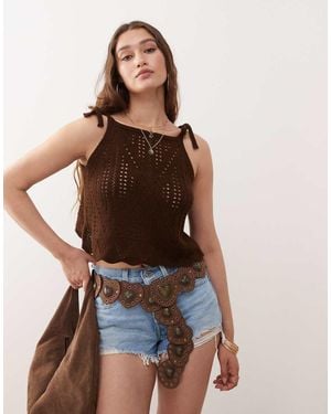 Miss Selfridge Crochet Asym Boho Cami Top - Brown