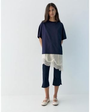Pull&Bear Contrast T-shirt With Lace Hem - Blue