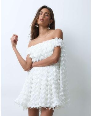 ARRANGE Fringe Sequin Bardot Trapeze Mini Dress - White