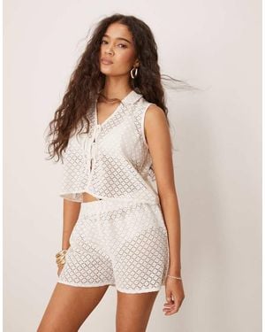 esmé studios Esmee Exclusive Tie Front Crochet Beach Waistcoat Co-ord - White