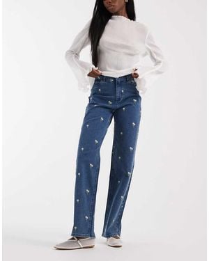Pieces Floral Embroidered Straight Leg Jeans - Blue