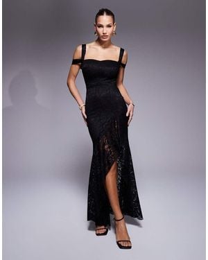 True Violet Asymmetric Lace Ruffle Gown - Black