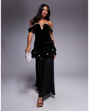 ASOS Velvet Off Shoulder Maxi Dress With Corsages - Black