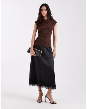 ONLY Lace Trim Satin Midi Skirt - Black