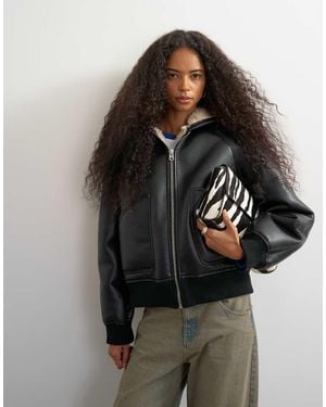 TOPSHOP Faux Leather Hooded Shearling Bomber Jacket - Black
