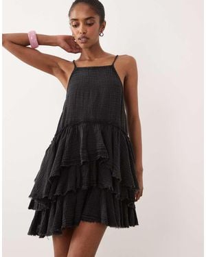 ASOS Double Cloth Washed Mini Sundress With Distressed Ruffles - Black