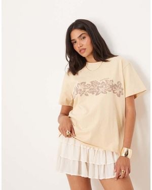 Motel Hibiscus Print Oversized T-shirt - Natural