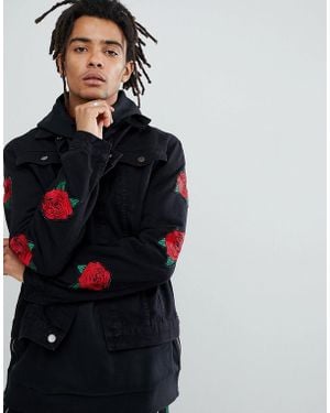 Criminal Damage Denim Jacket In Black With Roses