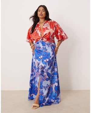 Hope & Ivy Plus Knot Front Kimono Maxi Dress - Blue