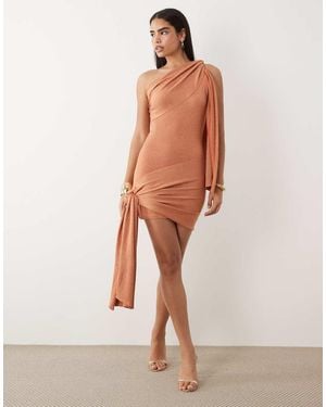 Aria Cove Shimmer Knit Asymmetric Shoulder Drape Detail Tie Side Mini Dress - Natural