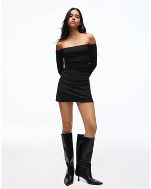 Bershka Shimmery Bardot-neck Mini Dress - Black