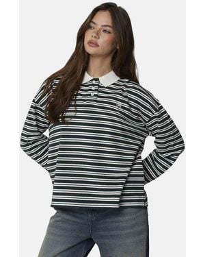 Good For Nothing Striped Monogram Long Sleeve Polo - Grey