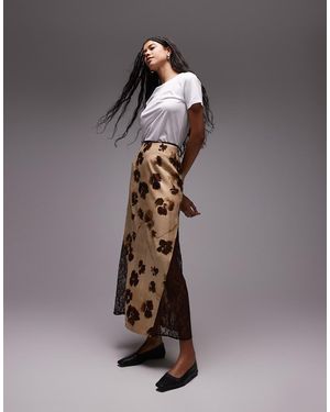 TOPSHOP Gonna Color Latticello Con Stampa A Fiori Marroni, Orlo A Fazzoletto E Pannello A Contrasto - Marrone