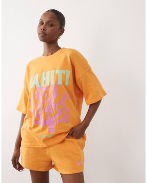 Kaiia Cotton Rich Tahiti Graphic Oversized T-shirt Co-ord - Orange