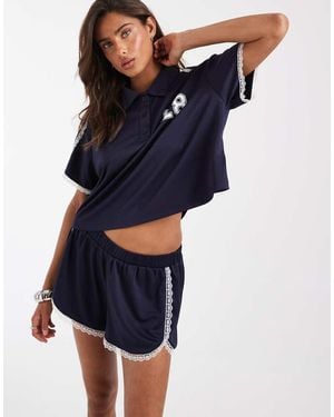 ASOS Tricot Runner Short Co-ord With Lace Detail - Blue
