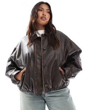 ASOS Asos Design Curve Vintage Wash Leather Look Bomber Jacket - Black