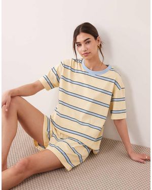 ASOS Oversized Tee And Short Pyjama Set With Blue And Stripes - Natural