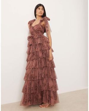 LACE & BEADS Tulle Bow Shoulder Midi Dress - Multicolor
