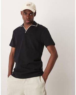 SELECTED Homme Split Neck Polo Shirt - Black