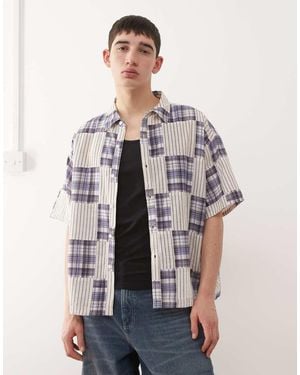 Reclaimed Vintage Short Sleeve Boxy Shirt With Spliced Stripe And Check - Natural