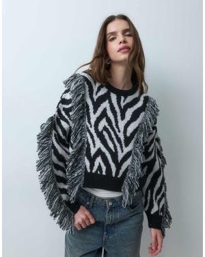 ASOS Gebreide Trui Met Zebra Print En Franjes - Grijs
