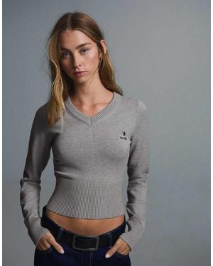 Bershka Embroidered V-neck Jumper - Grey