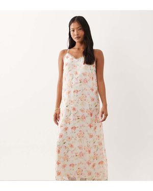 Vila Vestido Midi Blanco De Tirantes Con Estampado Floral Y Ribete De Encaje - Rosa