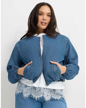 Yours Clothing Denim Bomber Jacket - Blue
