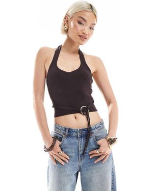 Bershka Halterneck Knitted Top - Brown