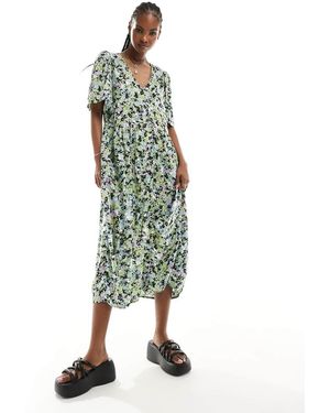 Monki Vestido Midi Abotonado Con Estampado Floral Exclusivo En Asos De - Verde