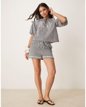 Neon Rose Gingham Ruffle Edge Shorts Co-ord - Grey